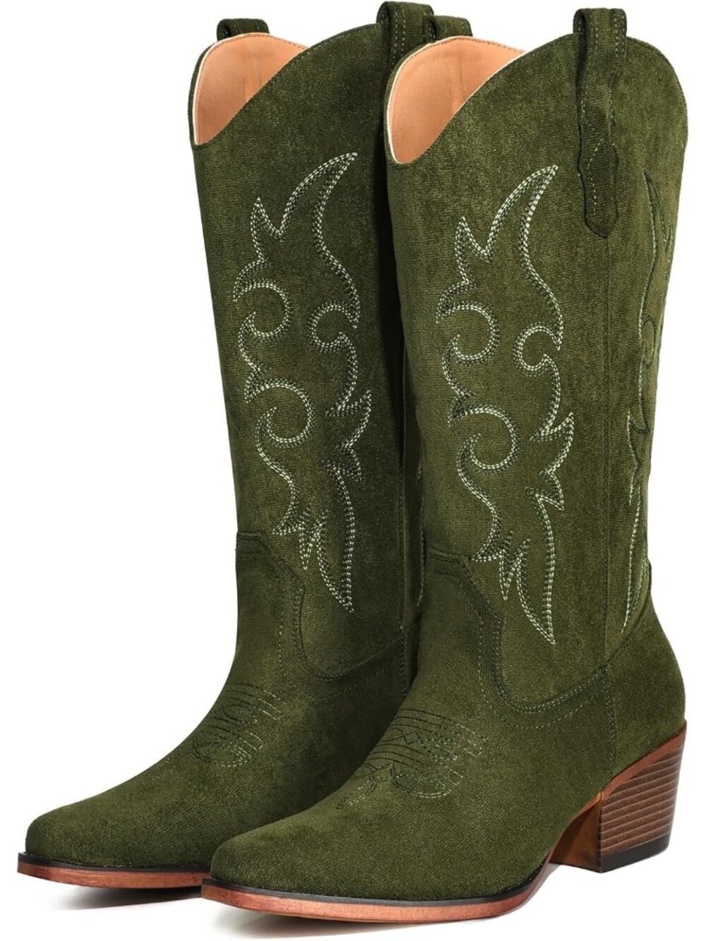 Women’s Green Suede Western Cowgirl Cowboy Boots Mid-Calf Snip Toe Chunky Heel - Picture 1 of 6